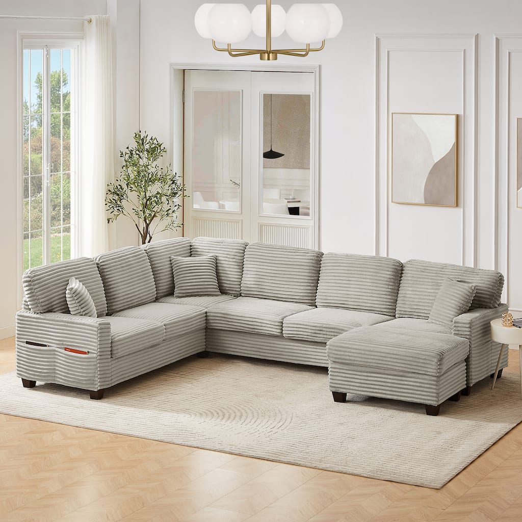 Roomfitters 125 Inch U-Shaped Sectional Sofa with Movable Ottoman, Corduroy Fabric, Side Pockets, Light Taupe