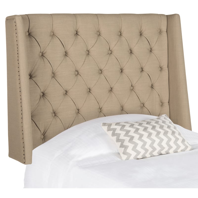 SAFAVIEH Shandra Taupe Linen Upholstered Tufted Wingback Headboard (Full) - True Taupe - Twin