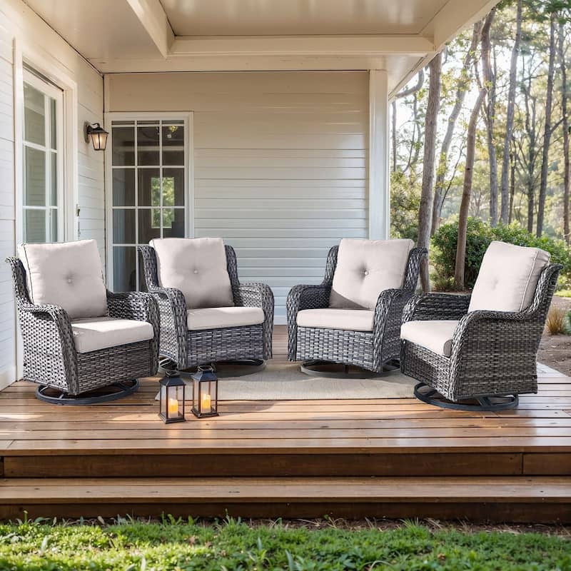Pocassy 4 Pieces Outdoor 4 Inch Swivel Glider Chairs - Beige cushion - Gray Wicker
