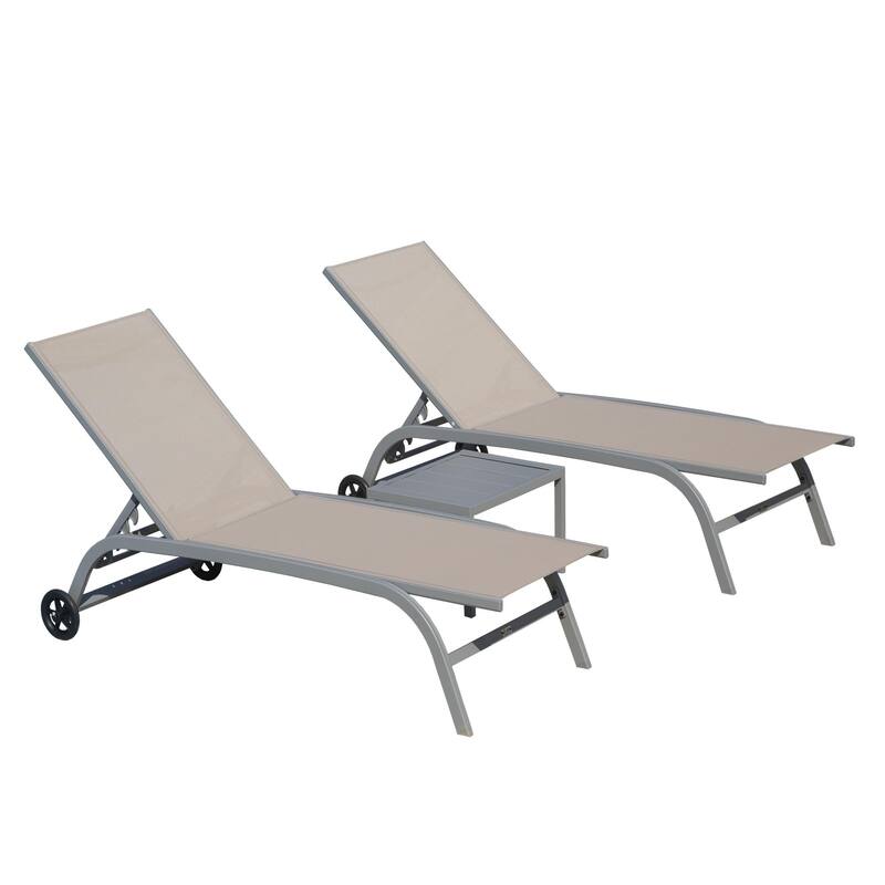GDFStudio - Chaise Lounge Outdoor Set of 3, Adjustable Lounge Chairs with Wheels - khaki/3 Piece
