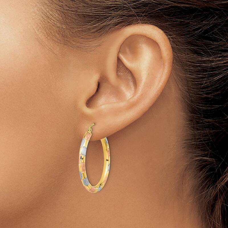 Curata 14k Yellow Gold With White and Rose Rhodium Satin Diamond cut 33x3mm Hoop Earrings