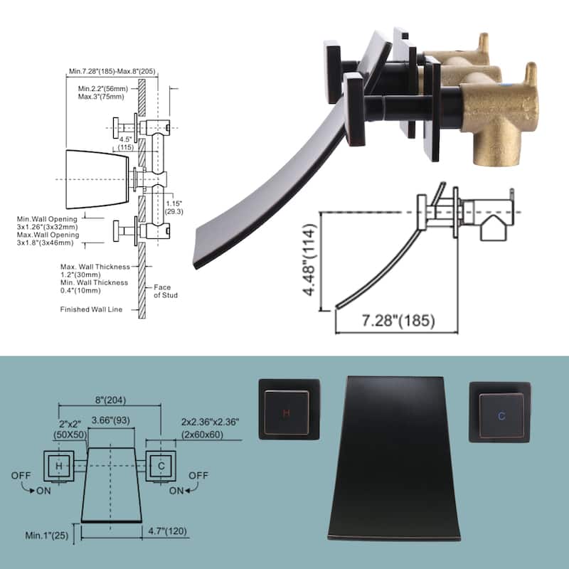 WOWOW Double Handle Wall Mount Waterfall Bathroom Bathtub Faucet