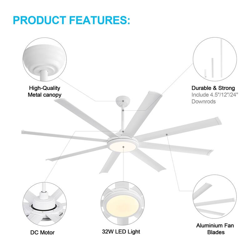 WINGBO 64" and 72" and 80" and 96" Indoor Ceiling Fan with LED Light and Remote