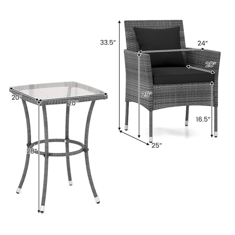 3 Piece Patio Set with Cushioned Chairs and Glass Top Coffee Table - 20" x 20" x 28"