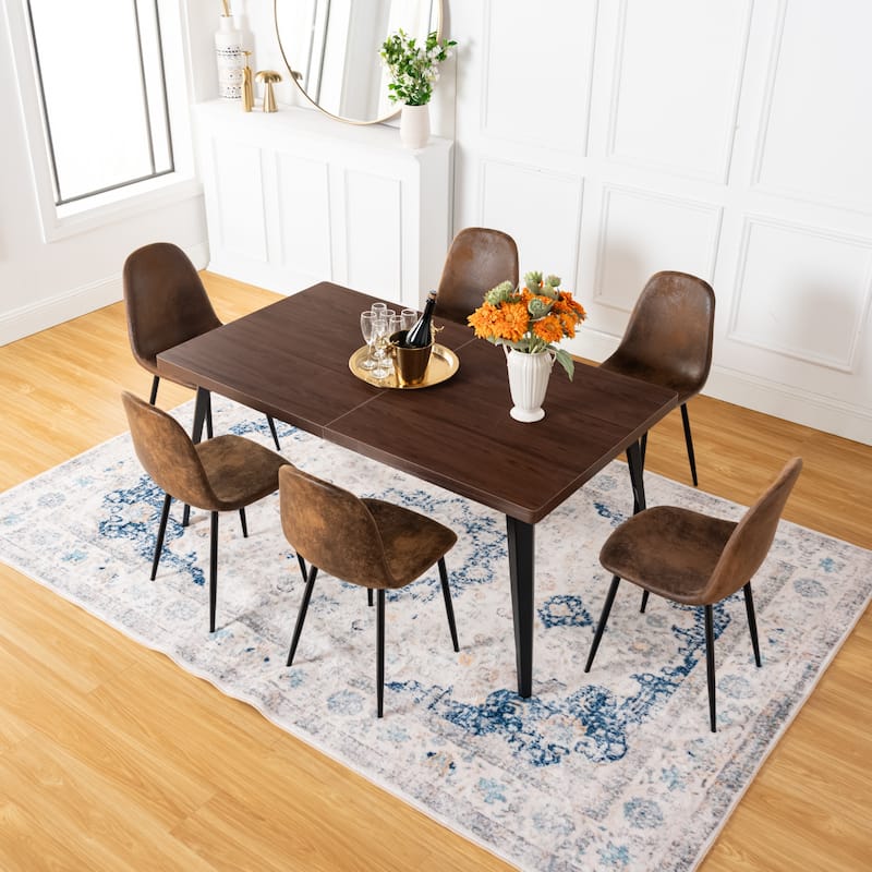 Homy Casa 7PCS Dining Set, Dark Brown Table and 6 Suede Upholstered Chairs - Brown