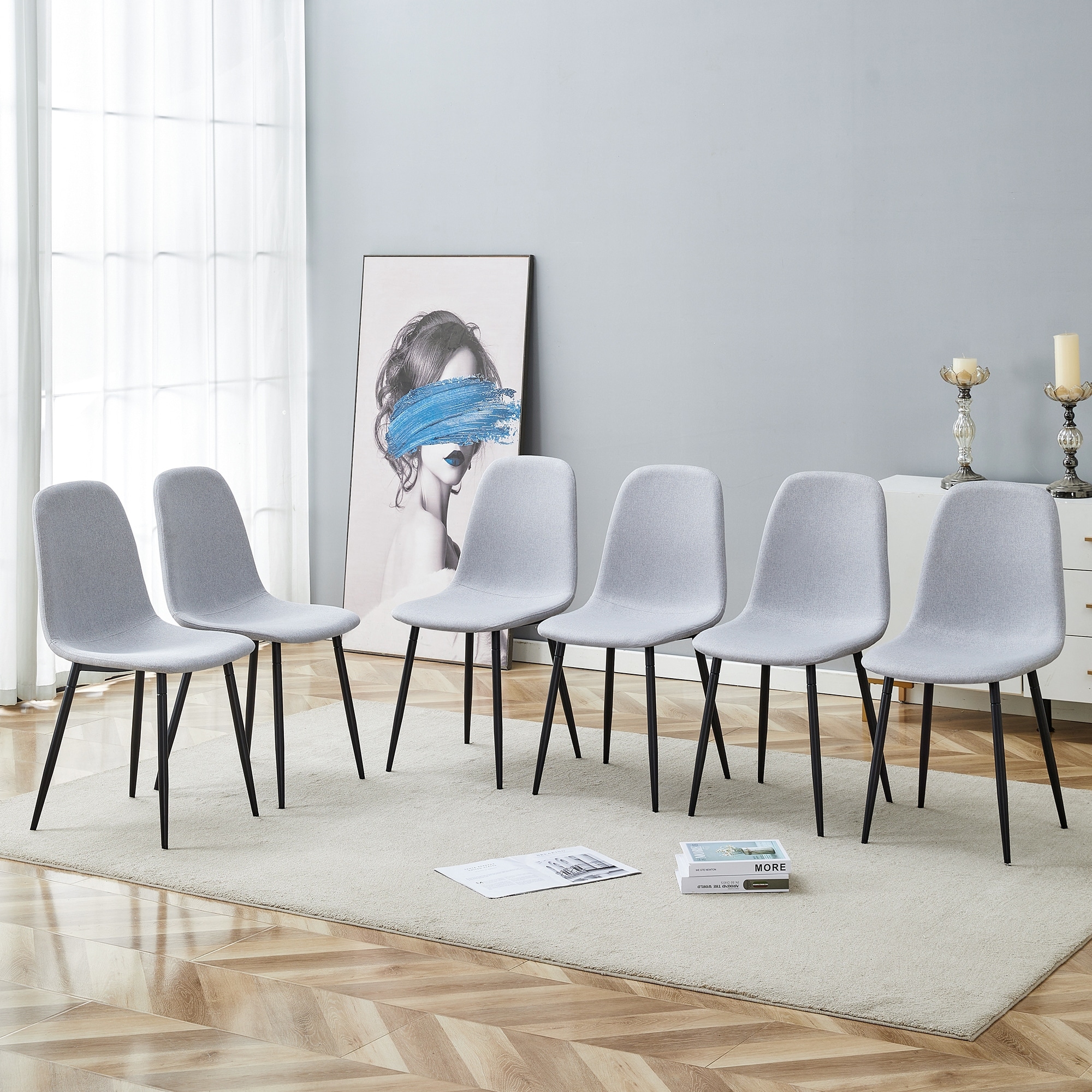 Light Gray Integrated Backrest Comfortable Linen-Cotton Dining Chair Set of 6