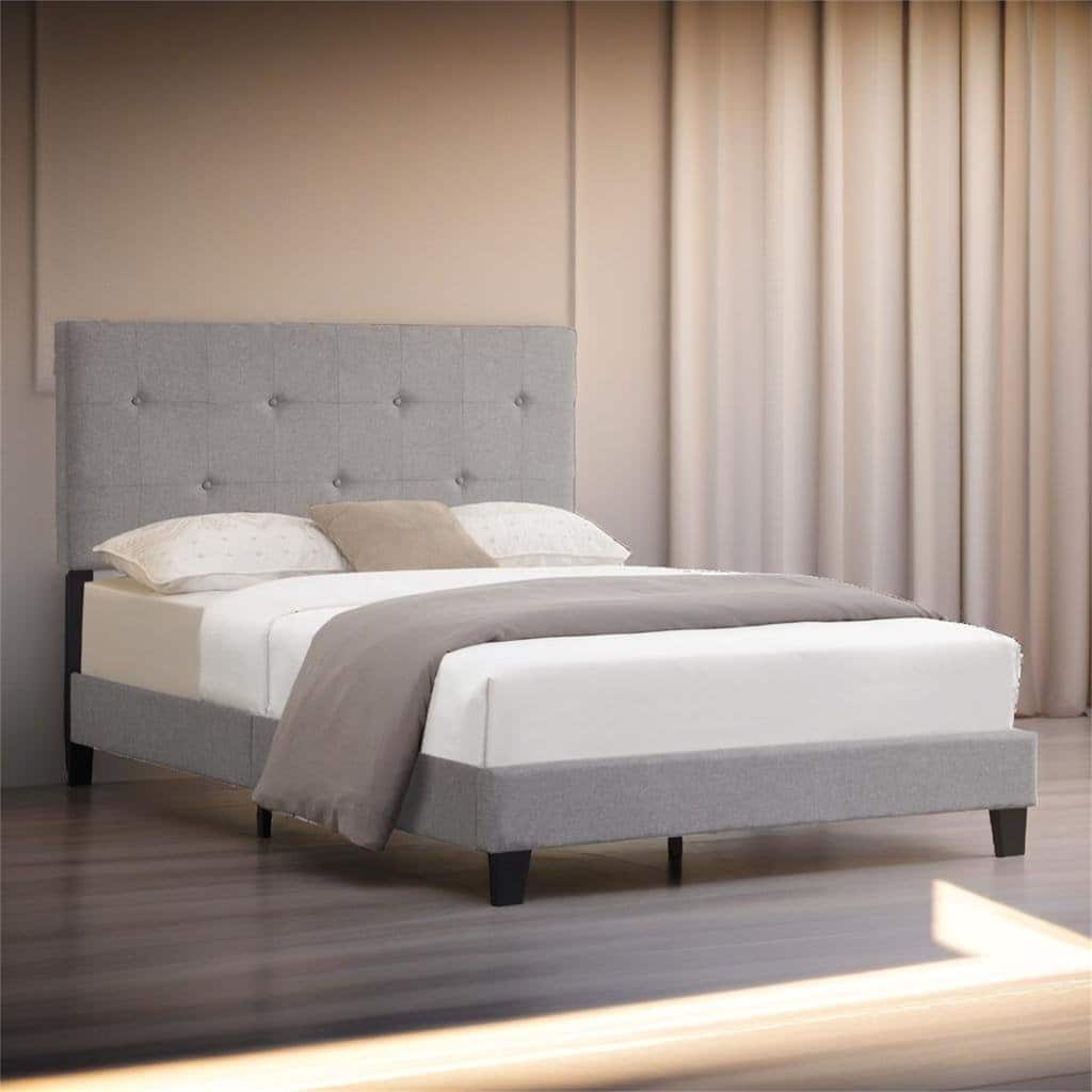 Upholstered Platform Bed Frame with Button Tufted Linen Fabric Headboard