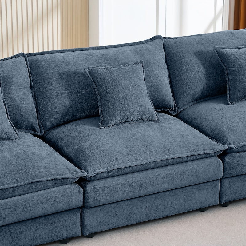 Chenille Chaise Sectional Sofa with Ottoman and 3-layers Cushions