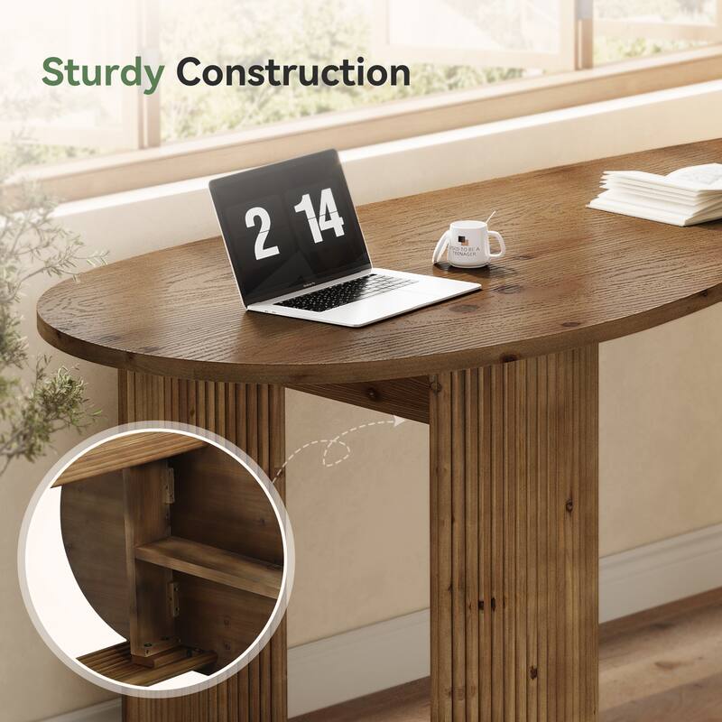 Modern Solid Wood Computer Desk, Curved Small Executive Desk with Fluted Wooden Legs