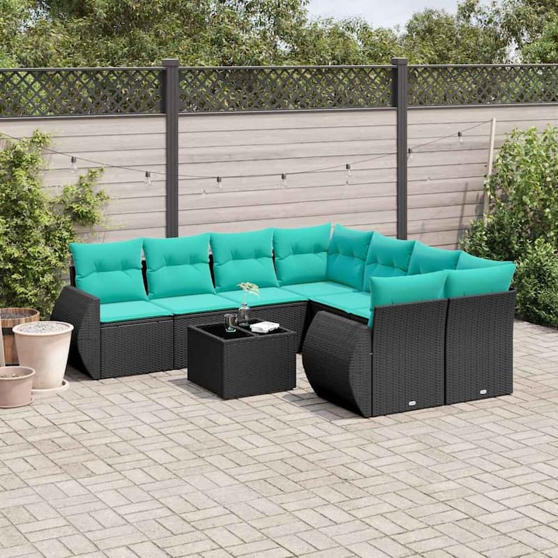 vidaXL Patio Sofa Set with Cushions Outdoor Furniture 9 Piece Poly Rattan - 24.4 x 24.4 x 27.2 - Black and Blue