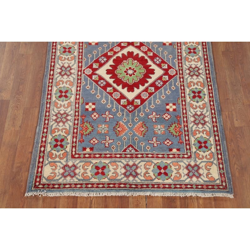 Geometric Blue Kazak Oriental Foyer Rug Hand-Knotted Wool Carpet - 3'4" x 4'11"