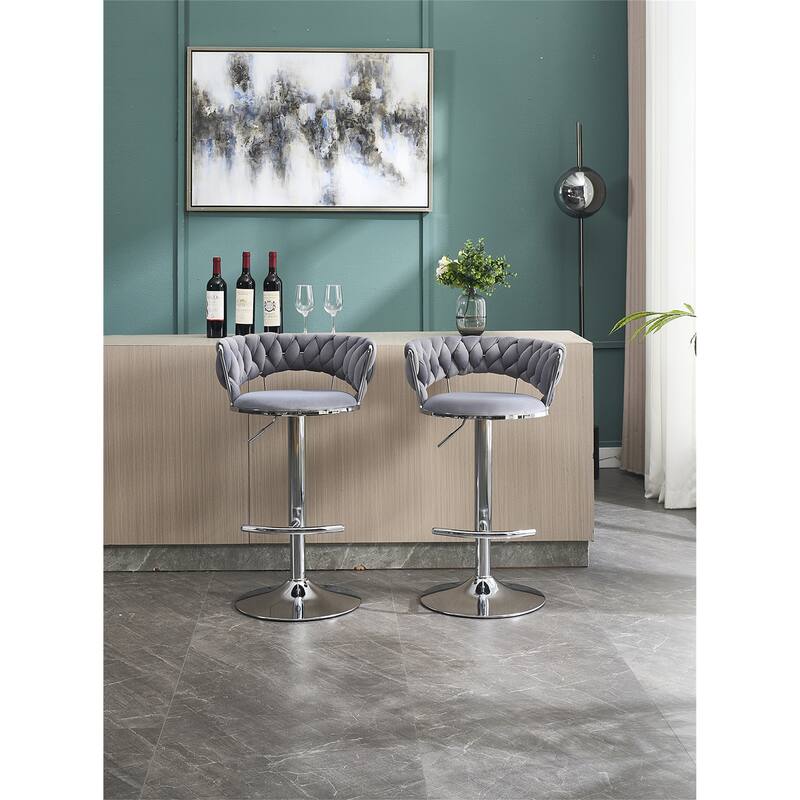 Set of 2 Bar Stools,with Chrome Footrest and Base Swivel Height Adjustable Mechanical Lifting Velvet Chrome Leg Simple Bar Stool - Grey
