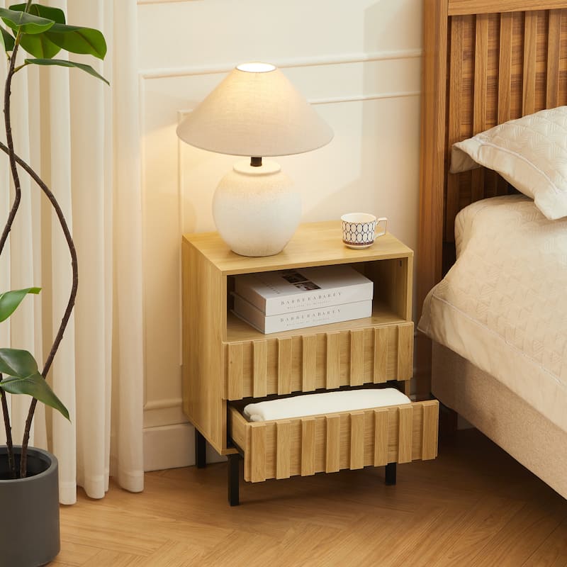 Mid Century Woodgrain Nightstand Pair 2 Drawers Bedside Table