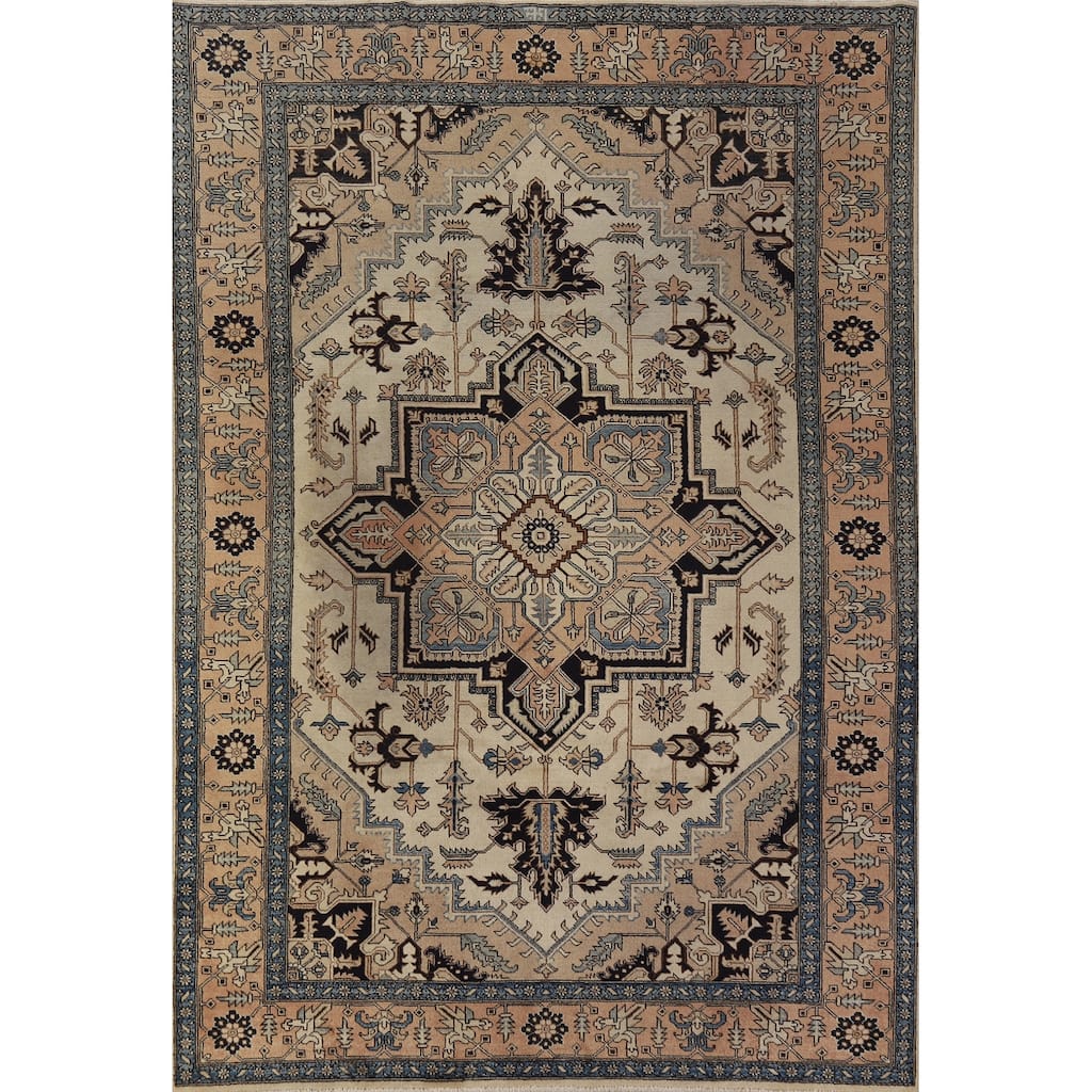 Hand Knotted Oriental 100% Wool Carpet Traditional Medallion Beige & Ivories Heriz (serapi) Area Rug - 9' 7'' X 6' 5''