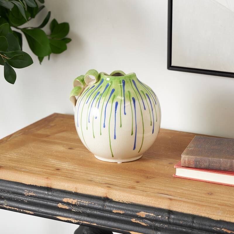 White Ceramic Abstract Decorative Vase with Green and Blue Drip Design and Handle