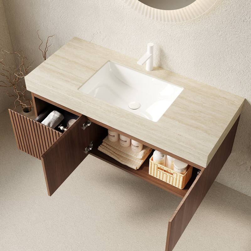 30"/36"/48" Wall-Mounted Bathroom Vanity with Ceramic Sink, Sintered Stone Countertop Floating Bathroom Storage Cabinet