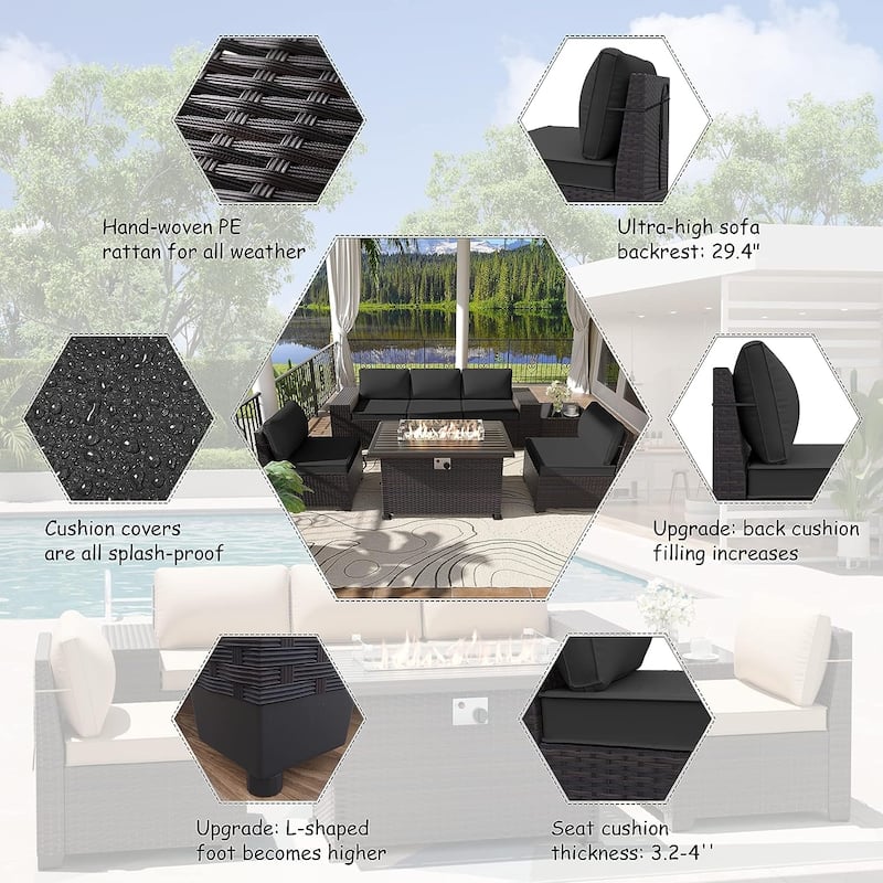 Delnavik 7 Pieces Rattan Outdoor Patio Furniture Sofa Set with Firepit - 7 pcs
