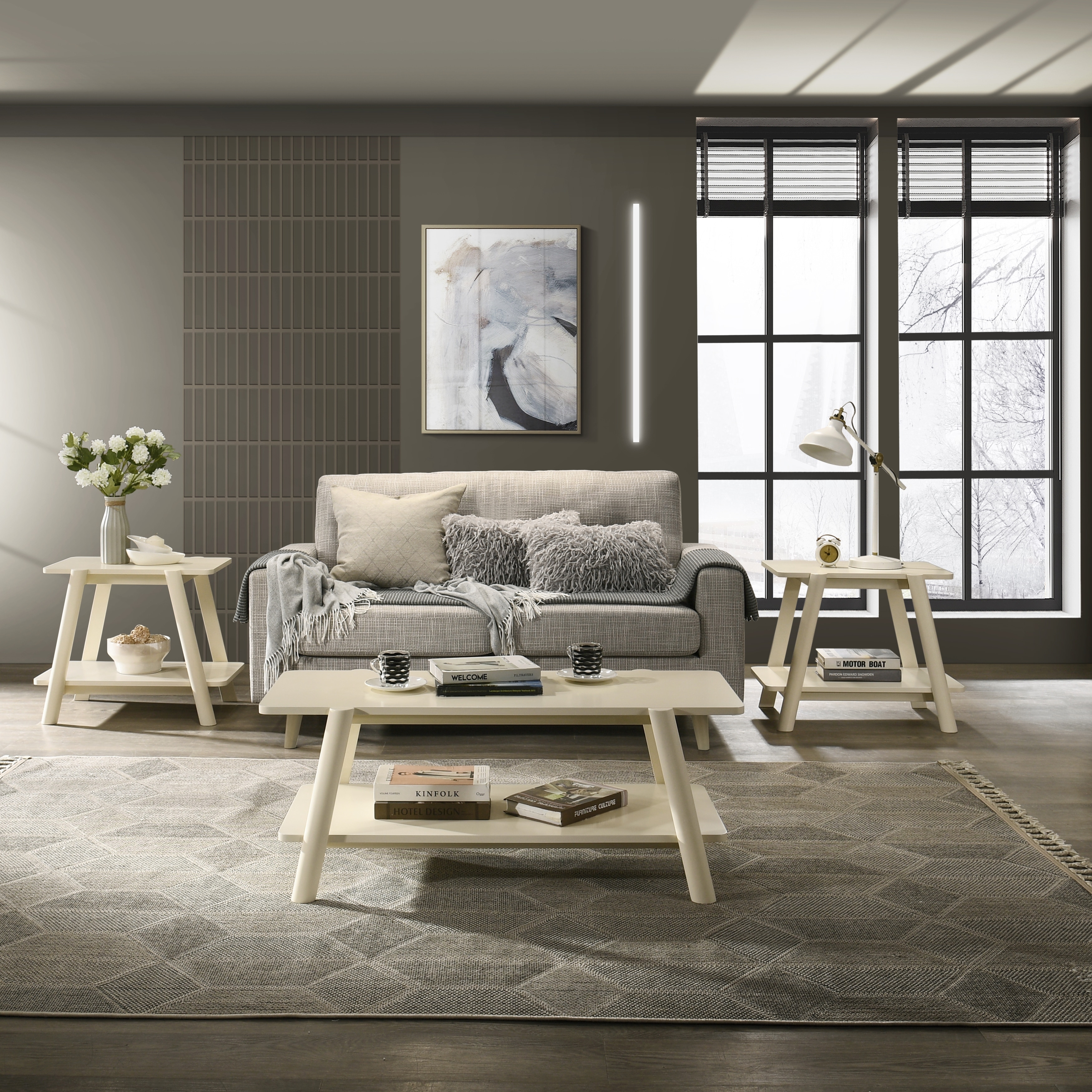 3-Piece Coffee Table Set, Coffee Table and Two End Tables, Off-White Finish