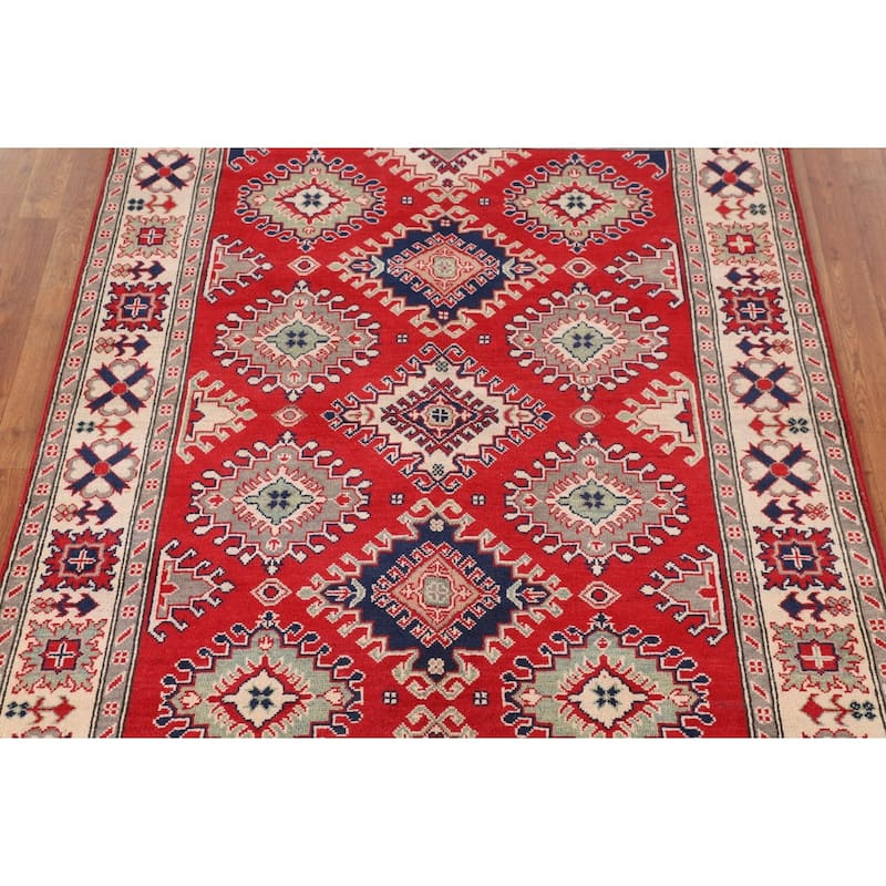 Traditional Red Kazak Rug Hand-Knotted Oriental Wool Carpet - 5'0" x 6'7"