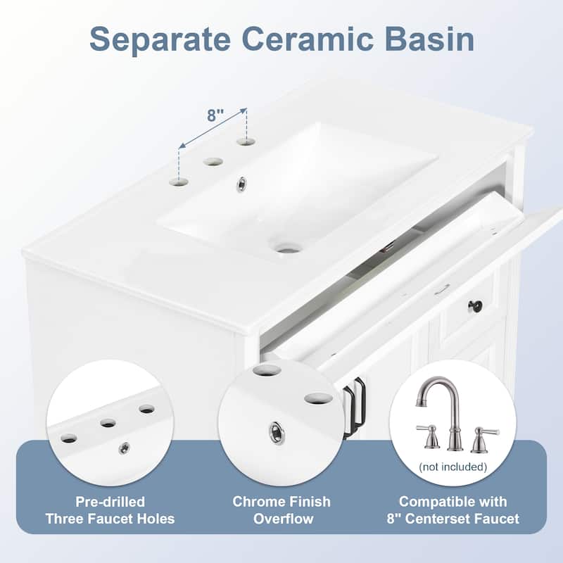 36-Inch Solid Wood Bathroom Vanity with Ceramic Sink, Flip Drawer, 3 Drawers and 2 Doors, Freestanding MDF Cabinet