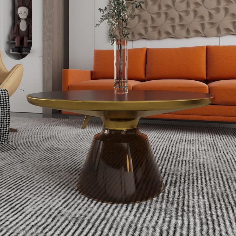 Tully Modern Round Glass/Stone Coffee Table with Brushed Gold Iron Rim Frame Glass Pedestal Base Fully Assembled