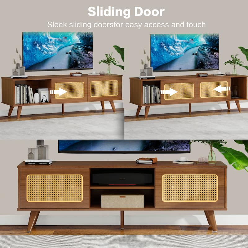 TV Stand with Rattan Cabinet Doors, Entertainment Center with Shelves and 2 Cabinets, Console Table with Solid Wood Feet