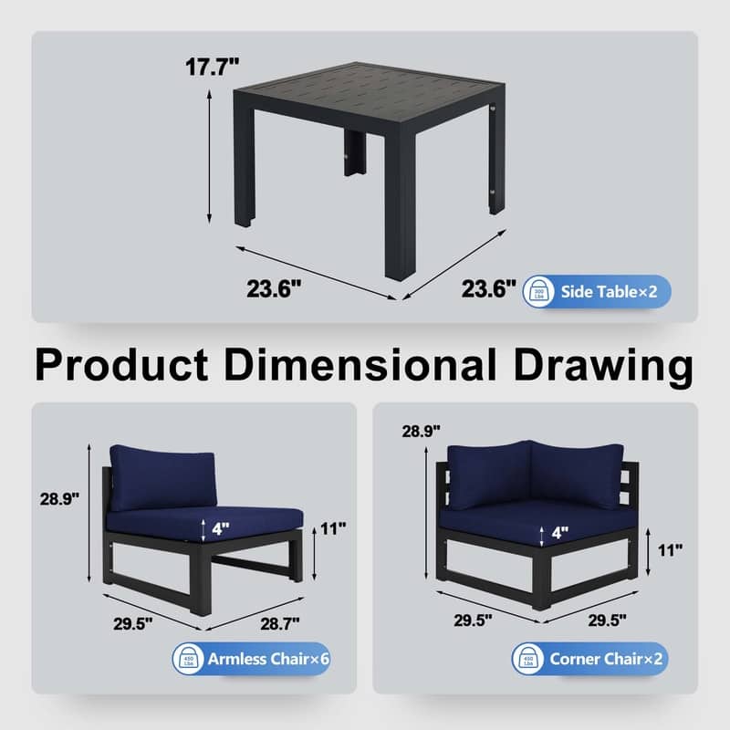 FINCATI Oversized Modular Aluminum Outdoor Furniture Set, 29" Deep Wide Sectional Seating Aluminum Patio Set with Coffee Tables