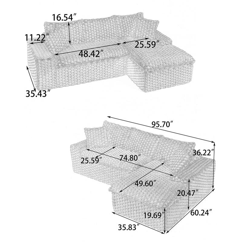 L-Shaped Sleeper Sectional Sofa Convertible Straight Sofa, Loveseat and Chaise Lounge Set for Living Room