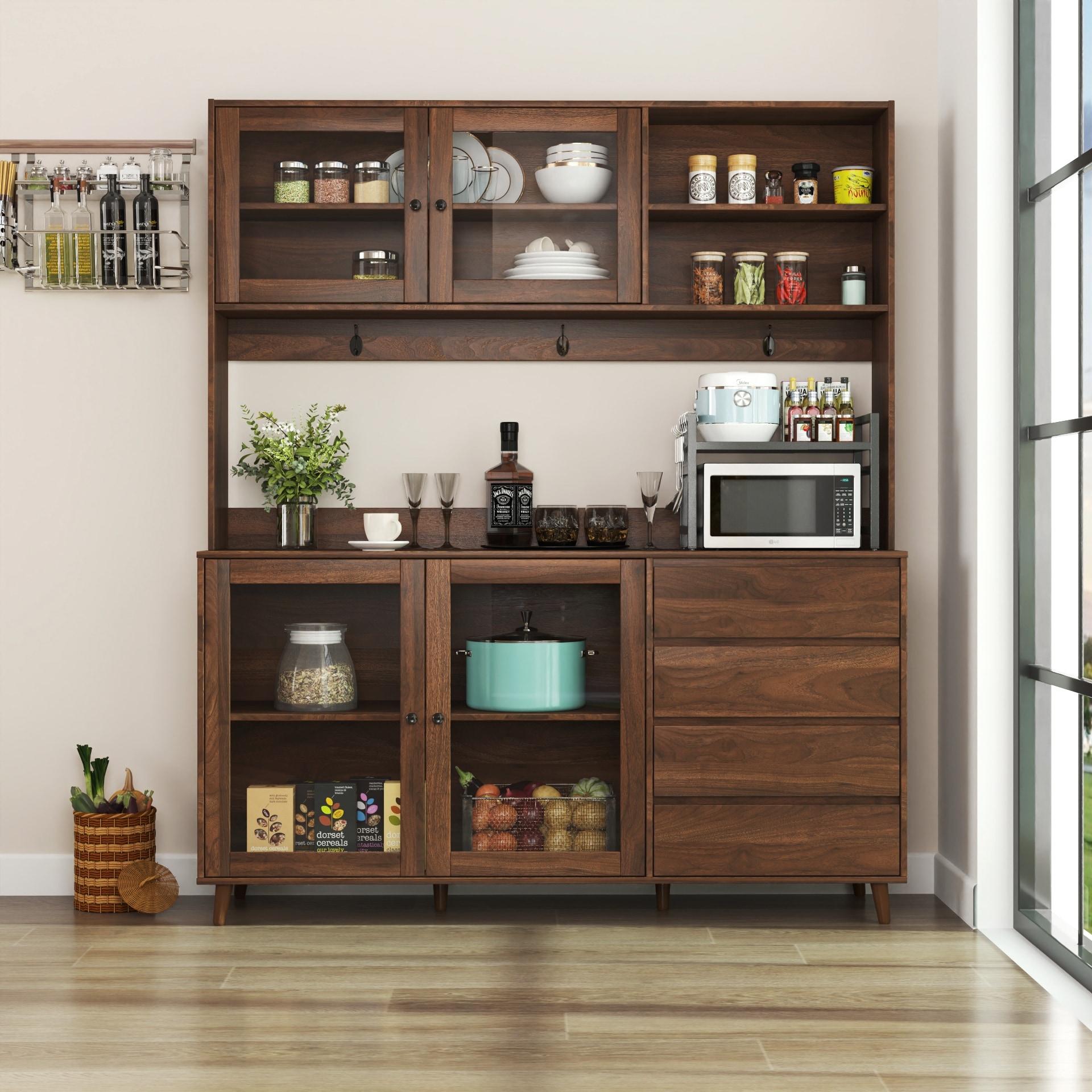 GDFStudio - Luttrell Modern 74.80" Tall Freestanding Kitchen Hutch Cabinet with Drawers and Microwave Shelf