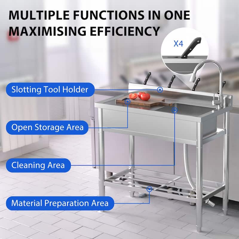 Stainless Steel Sink, with Workbench, Hot & Cold Hoses