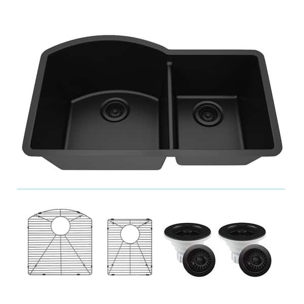 slide 2 of 41, Lexicon Platinum Quartz 32 Inch 70/30 Double Bowl Kitchen Sink with Bottom Grids and Strainers and Disposal Flange