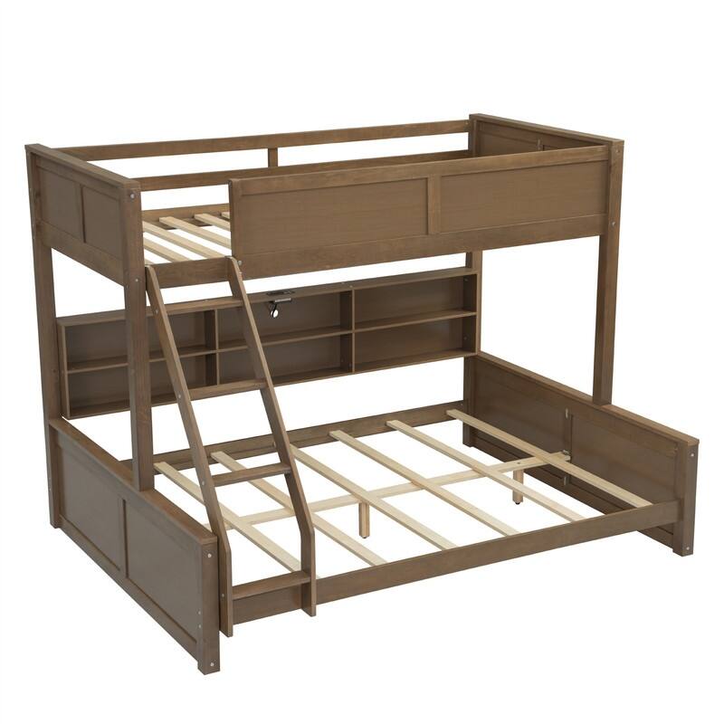 Twin XL over Queen/Full XL over Queen Bunk Bed with Storage Cabinets and USB Ports, Solid Wood Bunk Bedframe w/ Storage Shelves