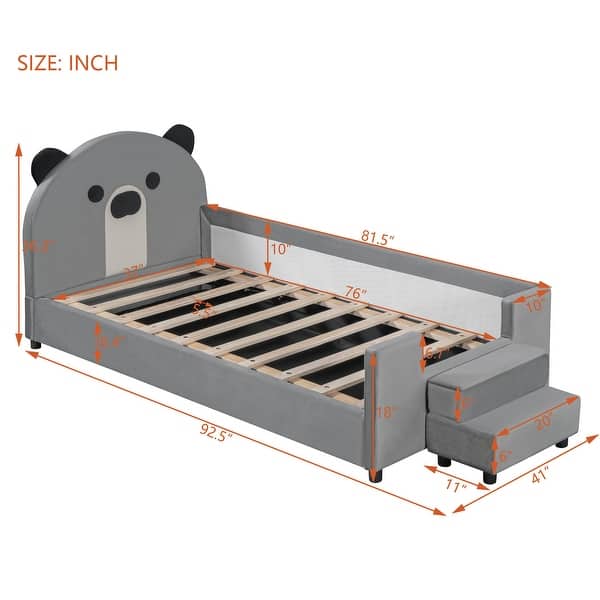 Twin Gray Upholstered Bed Daybed Frame with Bear Shaped Headboard, Hydraulic System & Breathable Mesh Fence for Boys Girls