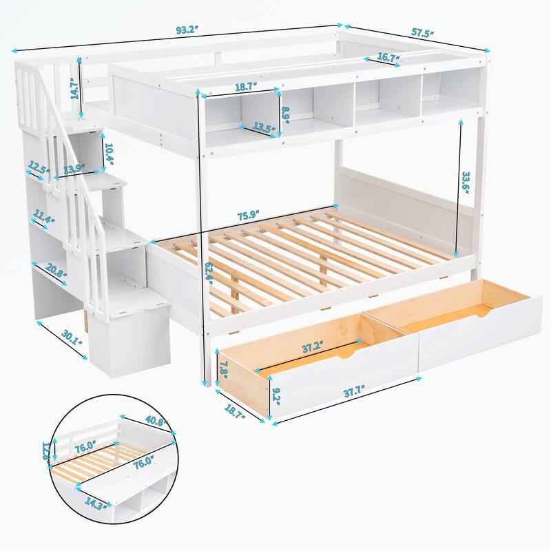 Twin over Full Bunk Bed with Shelfs, Storage Staircase and 2 Drawers