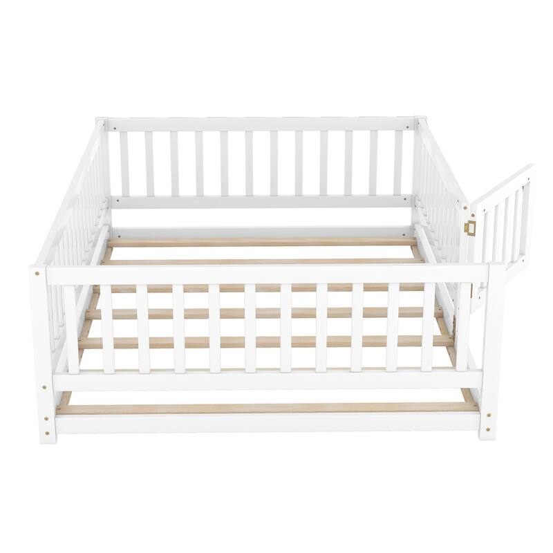 Full Size Wooden Floor Bed with Slats, Fence, and Removable Door for Kids, Montessori Style