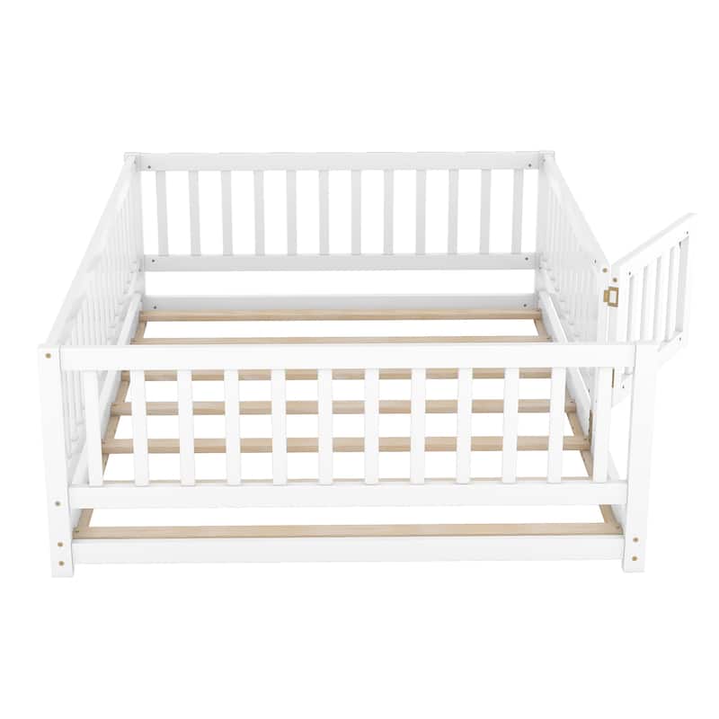 Montessori Floor Bed with Fence Guardrail and Removable Door Toddler Floor Wood Bed Frame for Kids Boys Girls Children's Room