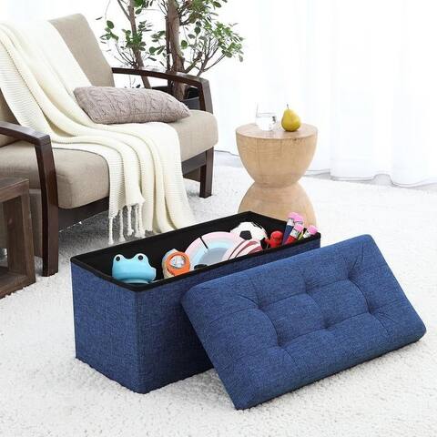 Foldable Tufted Linen Large Storage Ottoman Bench Foot Rest Stool/Seat - 15" x 30" x 15"