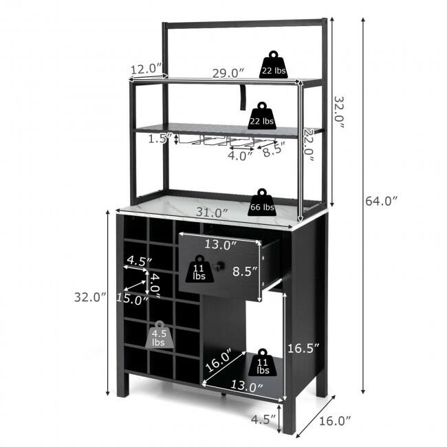 Kitchen Bakers Rack Freestanding Wine Rack Table with Glass Holder and Drawer - 31" x 16" x 64" (L x W x H)