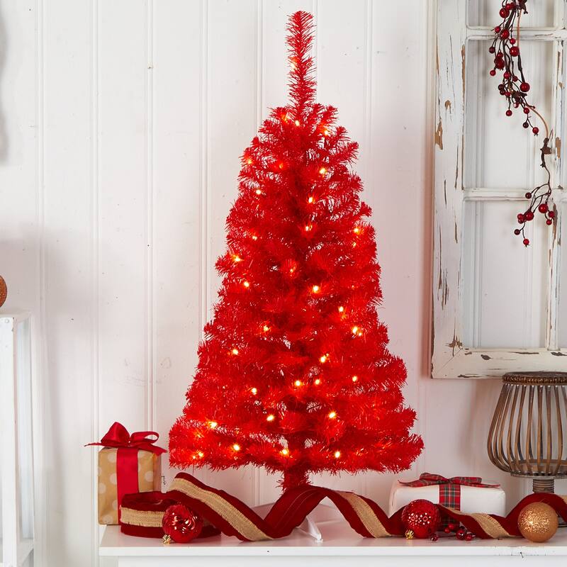 3ft. Red Artificial Christmas Tree with 50 LED Lights & 118 Branches - Bold Festive Holiday X-Mas Accent