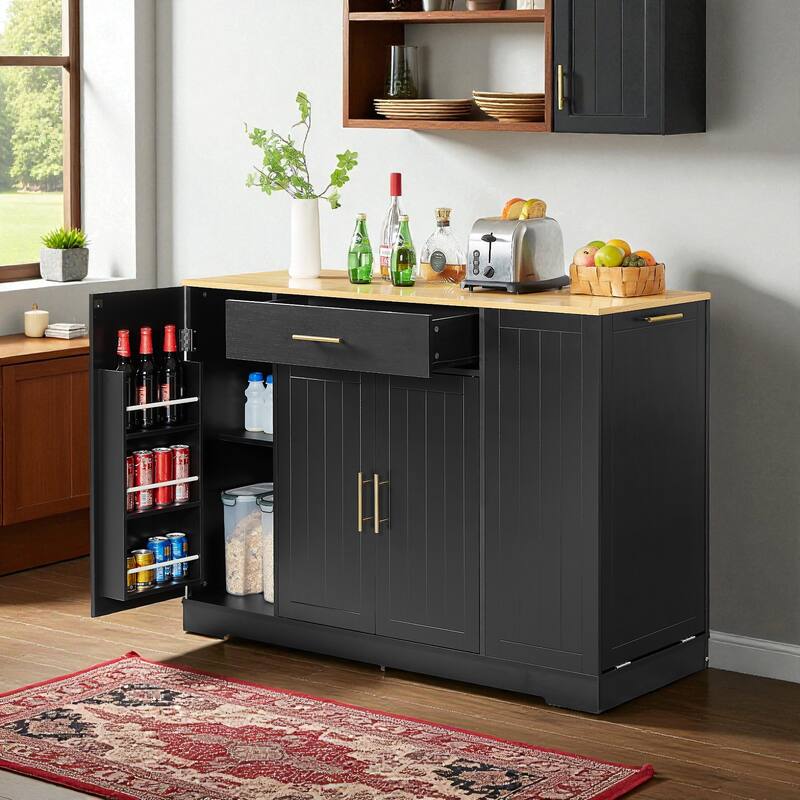 53" Modern Farmhouse Kitchen Island with Drawer, Tilt-Out Trash Can Storage, Adjustable Shelves & Spice Rack for Kitchen