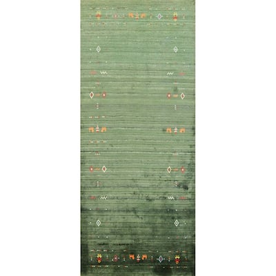 Hand Knotted Oriental Viscose Silk Carpet Tribal Animal Pictorial Green Gabbeh Runner Rug - 7' 5'' X 2' 10''