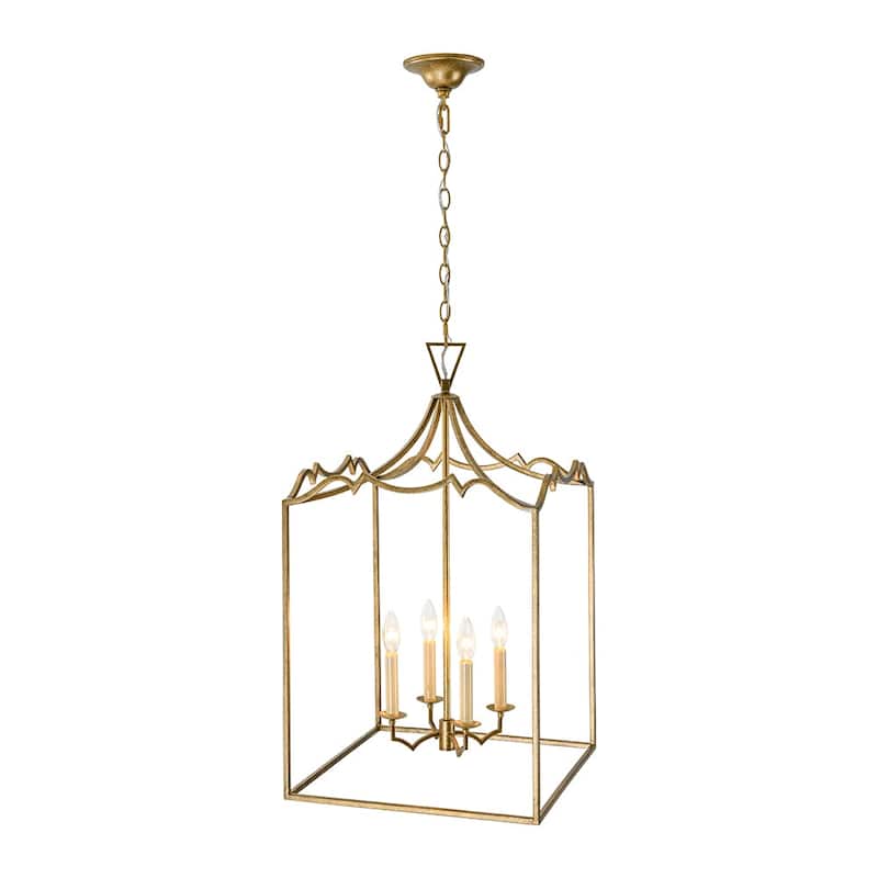Vintage 4-Light Candle Aged Gold Iron Square Cage Pendant Lantern
