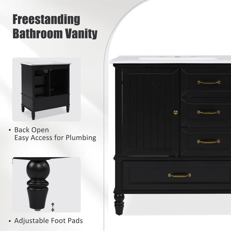 30" Bathroom Vanity with Ceramic Sink Combo, Freestanding Bathroom Vanity Cabinet with 1 Door and 3 Storage Drawers