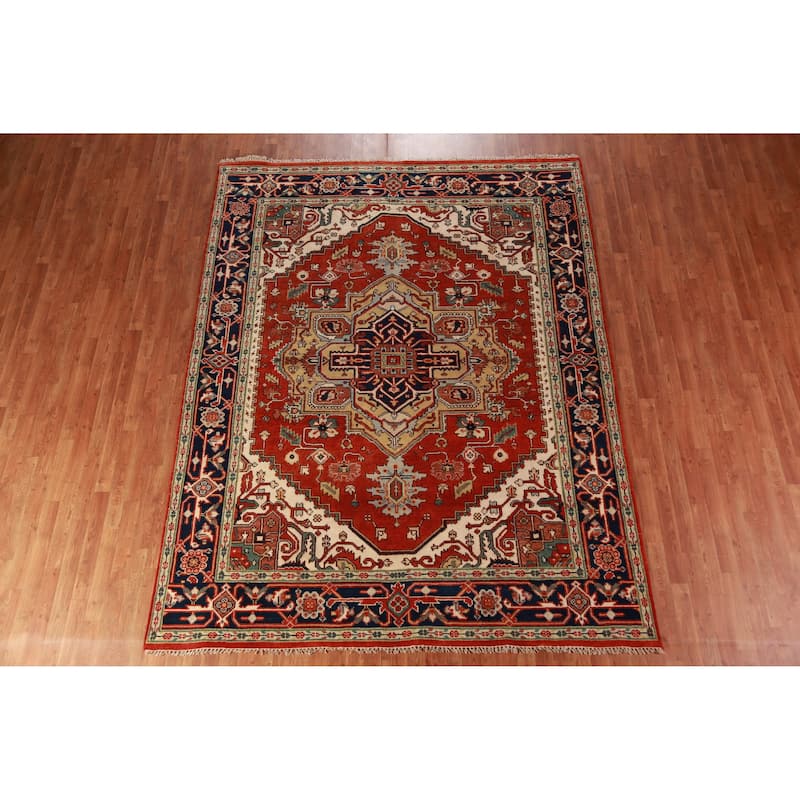 Hand Knotted Oriental 100% Wool Carpet Traditional Medallion Oranges & Rust Heriz (serapi) Area Rug - 10' 0'' X 7' 10''