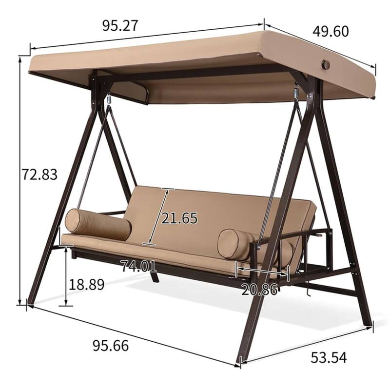 PURPLE LEAF 3-seat Outdoor Patio Porch Swing Adjustable Backrest, Cushions and Pillow Included