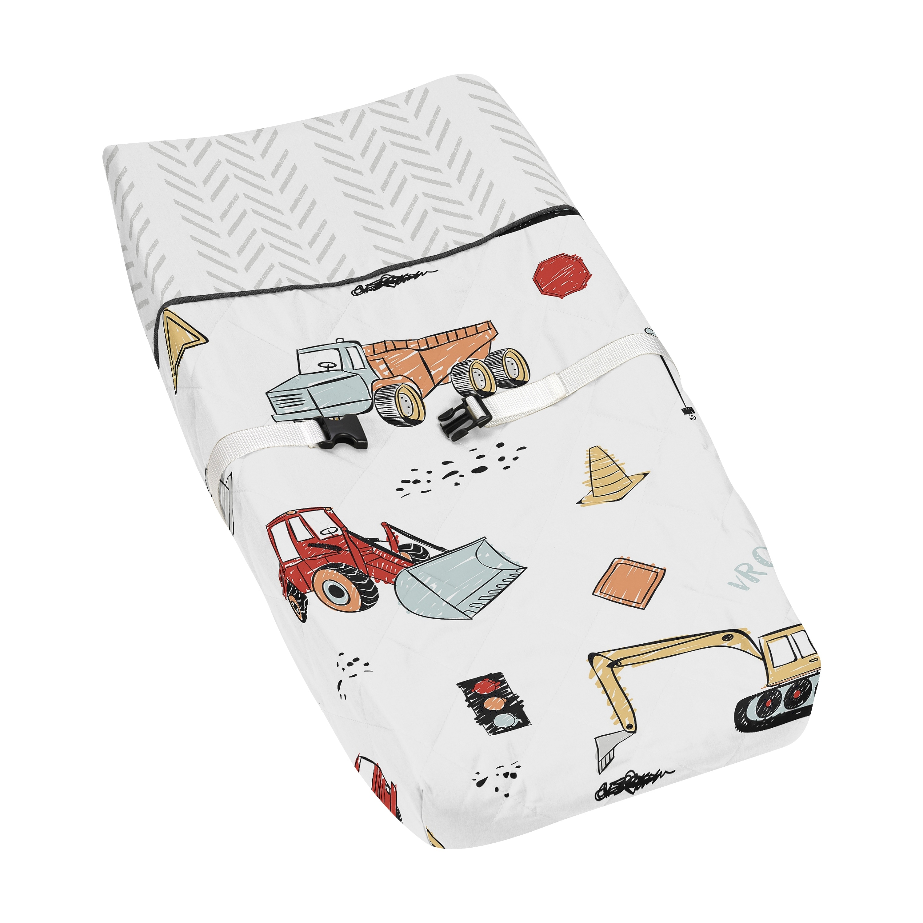 Sweet Jojo Designs Construction Truck Boy Changing Pad Cover - Grey Yellow Orange Red Blue Transportation Chevron Arrow
