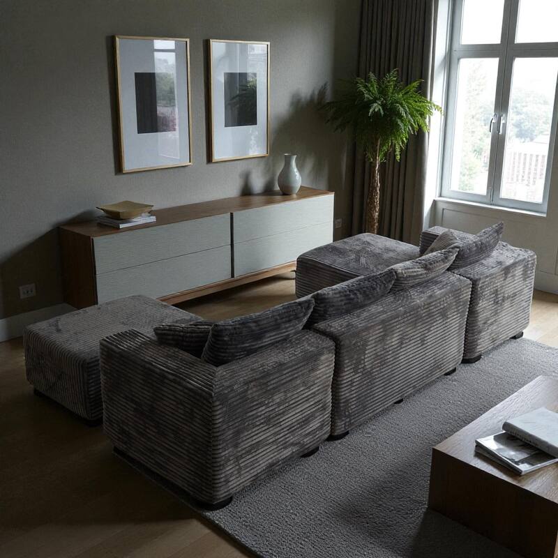 133.86" Cloud Modular U-Shaped Sectional Sofa with Ottoman, Deep-Seat Corded Fabric Couch for Living Room, No Assembly