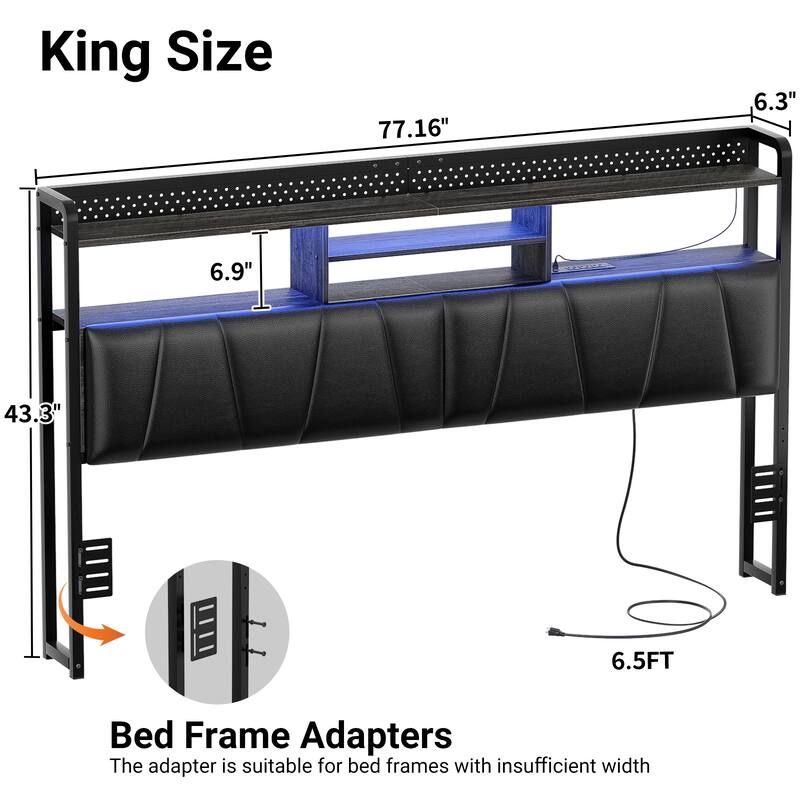 Upholstered Headboard with Pegboard and Charging Station, Storage Headboard Shelves and LED Light