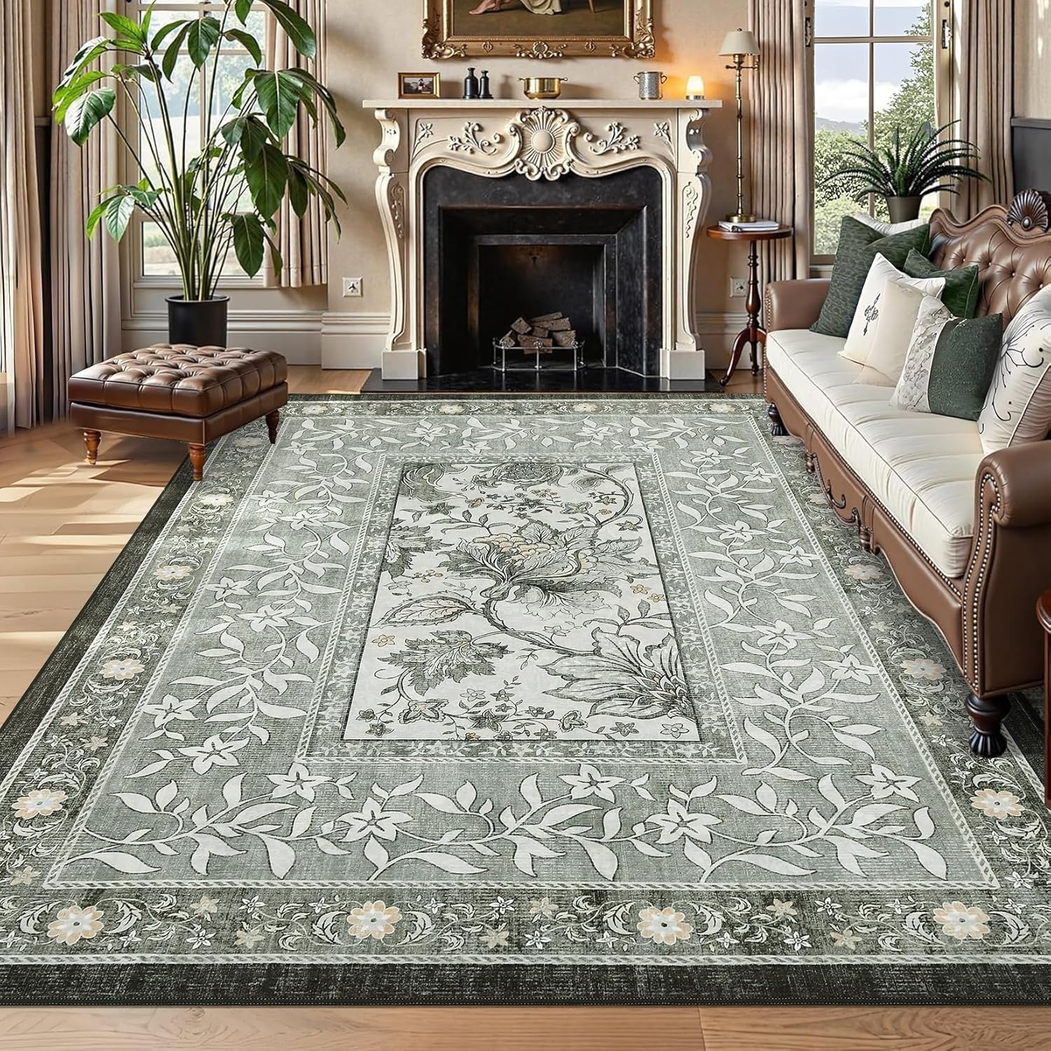 4x6 Washable Vintage Floral Rug, Soft, Non-Slip & Stain-Resistant for Bedroom, Living Room, Dining Room, Office, Grey