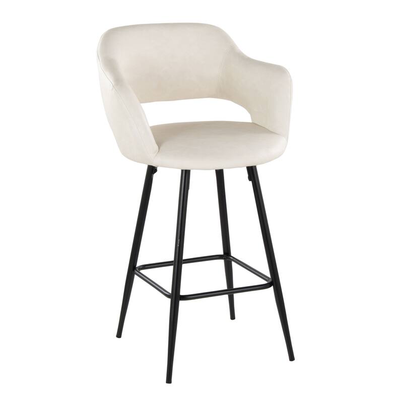 Porch & Den Vallen 26" Fixed-Height Faux Leather Counter Stool with Metal Legs & Square Footrest (Set of 2) - Cream Faux Leather/Black Metal